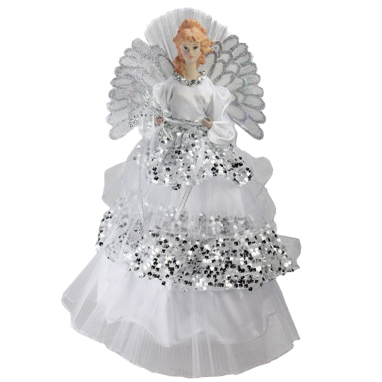 Northlight 16" White and Silver Lighted Fiber Optic Angel Sequined Gown Christmas Tree Topper